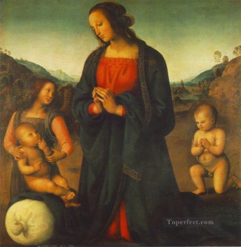 Pietro Perugino Painting - Madonna an Angel and Little St John Adoring the Child Madonna del sacco 149515 Renaissance Pietro Perugino